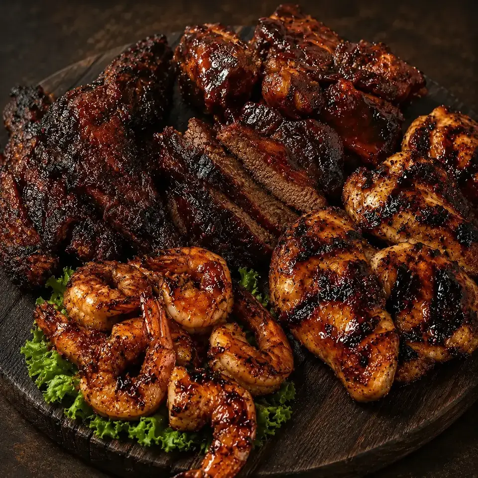 Assorted glazed BBQ meats and shrimp