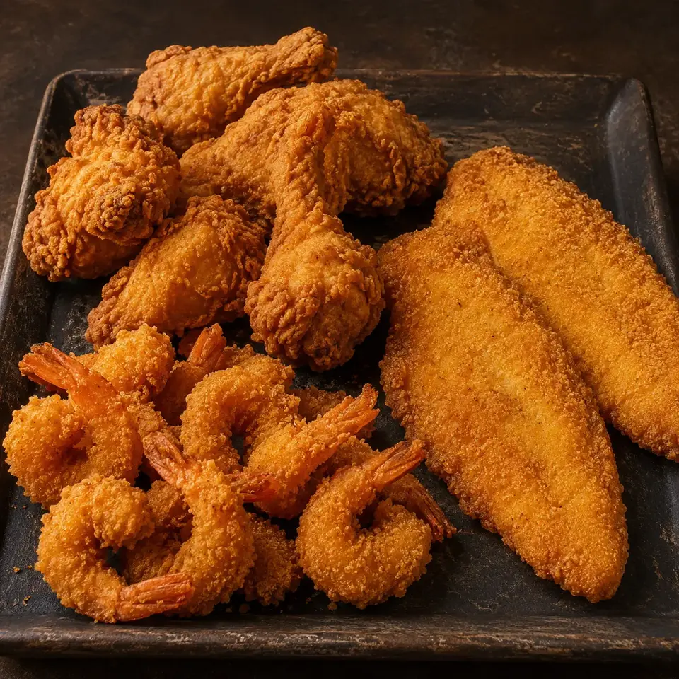 Fried chicken, fish and shrimp